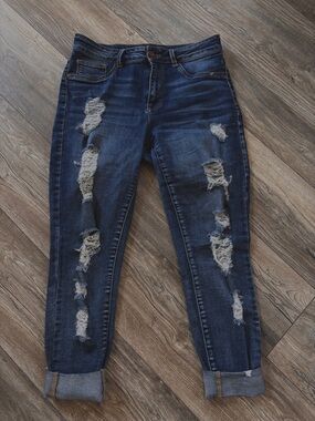Dark Blue Distressed Women's Jeans - Classic Ripped Skinny